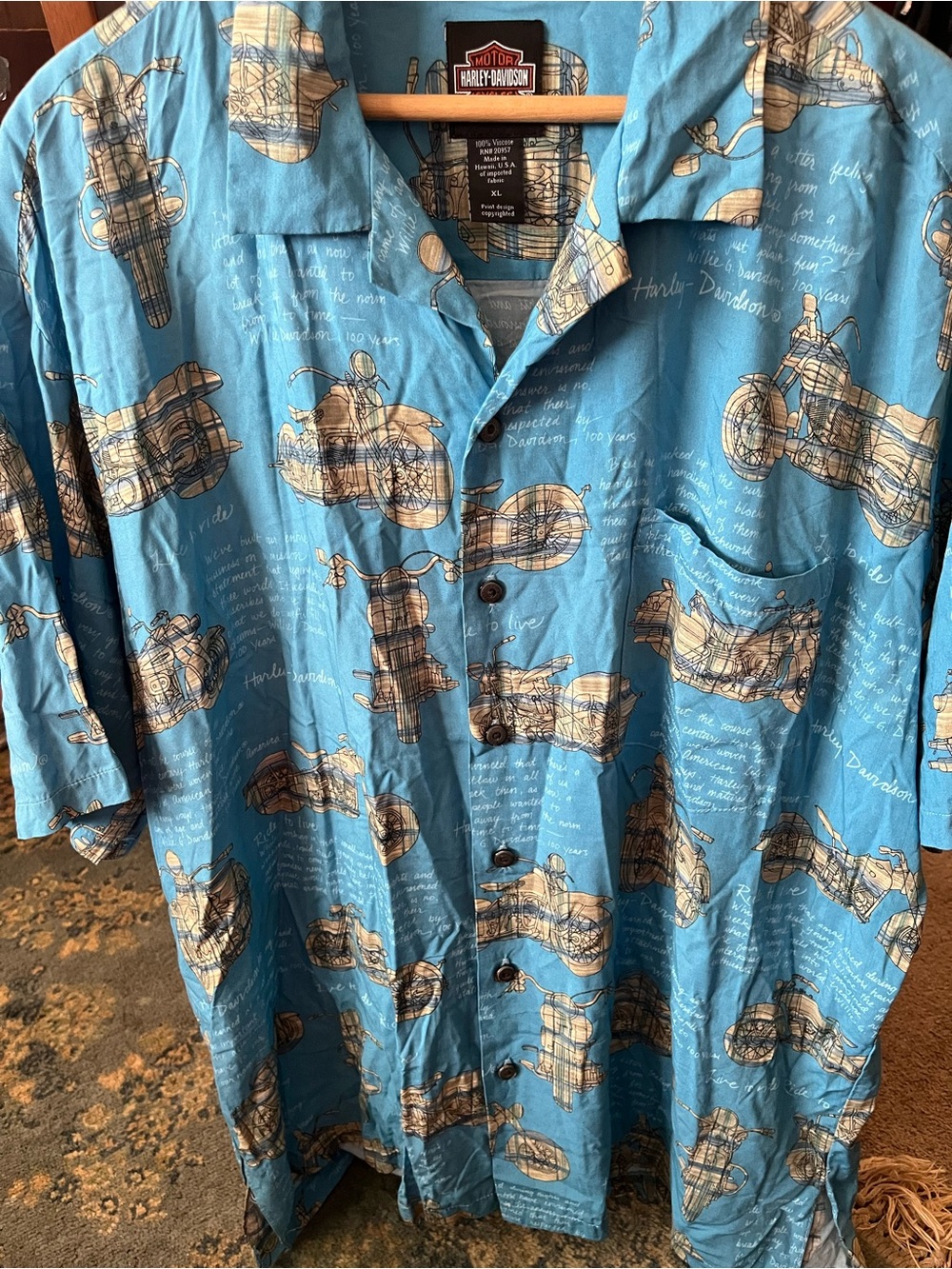 Harley-Davidson Blue and Cream Motorcycle Print Shirt 3XL euc